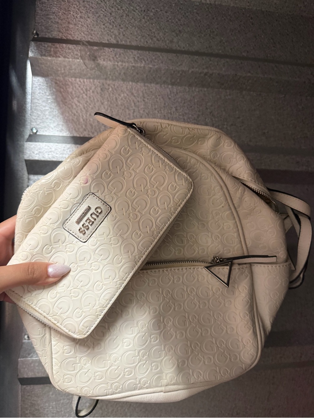GUESS Cream Embossed Logo Backpack with Matching Wallet Set